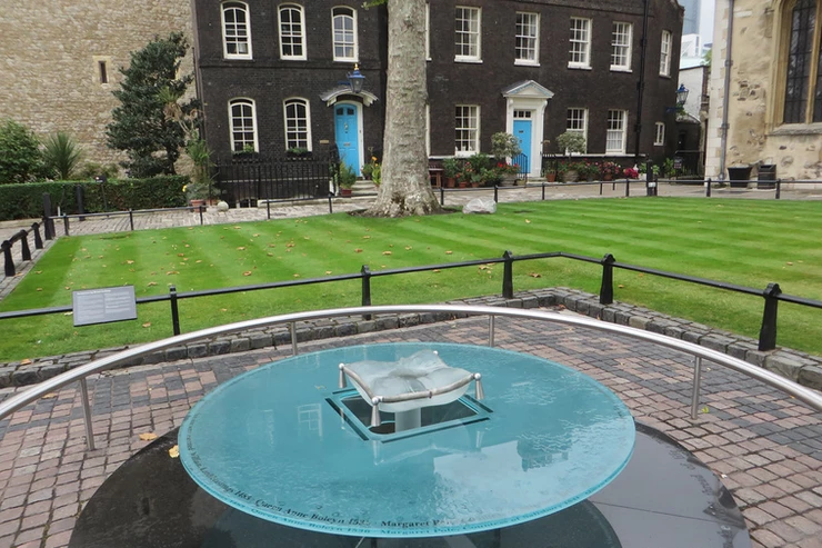 This glass sculpture marks the site of the Tower's inner scaffold, where the axe fell on Tudor queens and bishops.