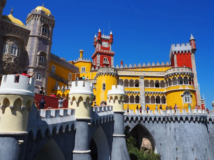blue, red, and yellow colors of the eclectic Pena Palace