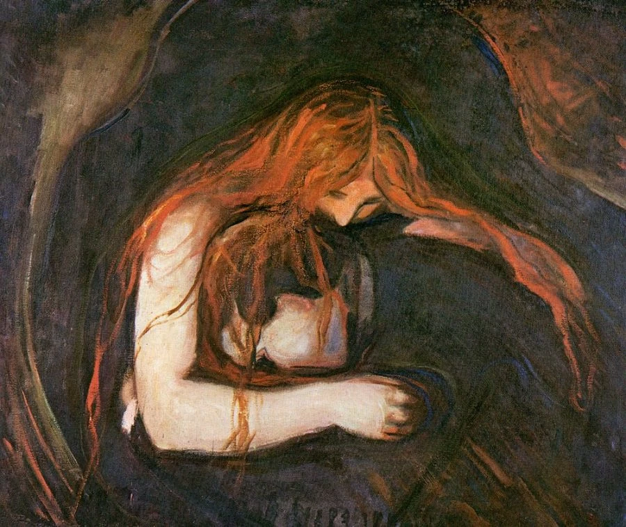 Edvard Munch, Vampire, 1895 -- this painting is sometimes nicknamed Vampire and shows his pain at the end of his first love affair