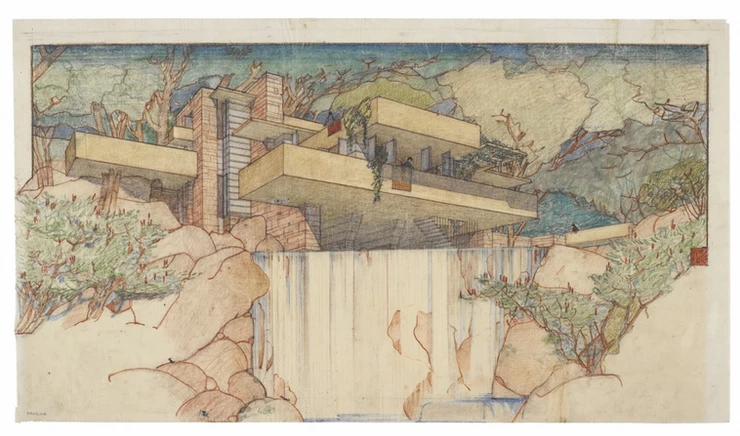 Frank Lloyd Wright, Fallingwater (Edgar J. Kaufmann House), Mill Run, Pennsylvania, 1935, Color pencil on tracing paper, 15-3/8 x 27-1/4 inches, © The Frank Lloyd Wright Foundation