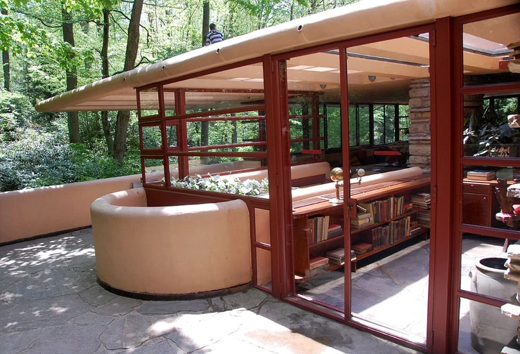 the first floor terrace at Fallingwater, which cracked under duress and was repaired