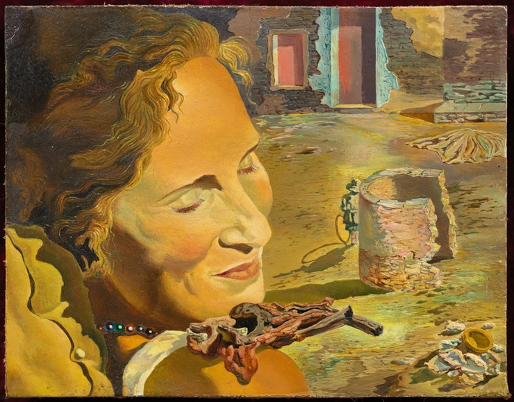 Dalí‘s “Portrait of Gala with Two Chops Balanced on Her Shoulder” is from around the time the couple married in 1934