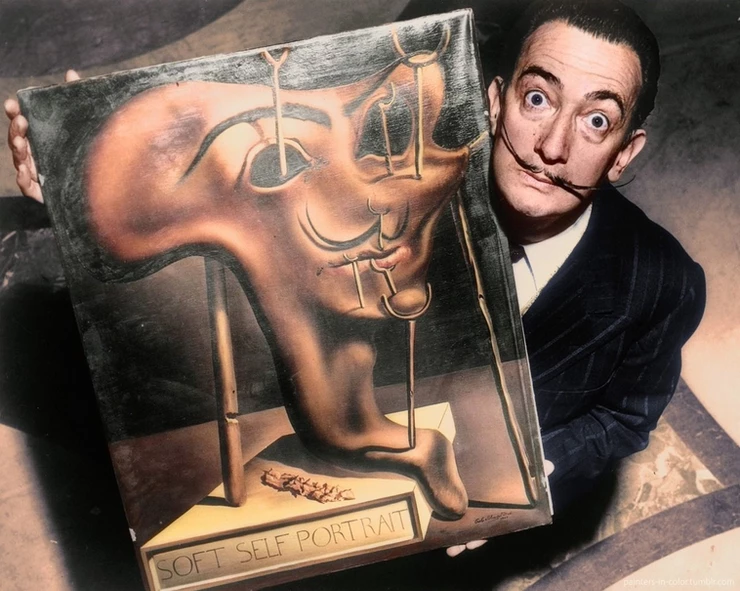 Dali with his famous Soft Self Portrait With Bacon from 1941