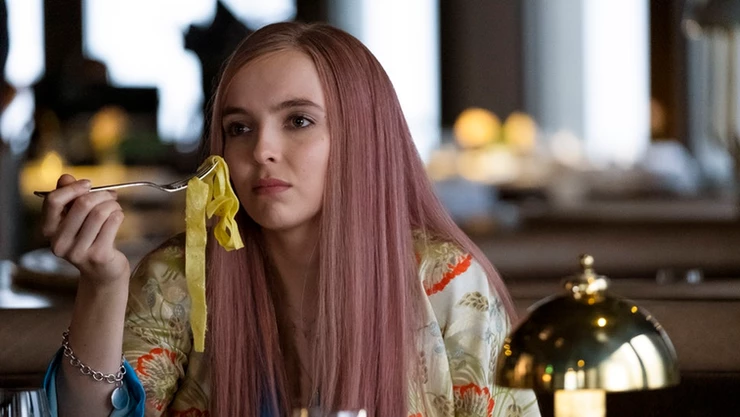 Villanelle face planting in pasta. The actress was stuffing it down so fast in the scene that she almost choked on it. She says it's "ruined" pasta for her.