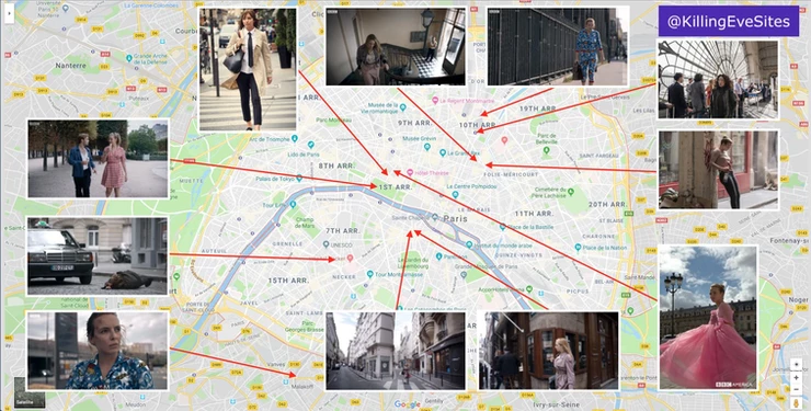 Map of Killing Eve's Paris locations, courtesy of Killing Eve filming locations  @KillingEveSites on Twitter