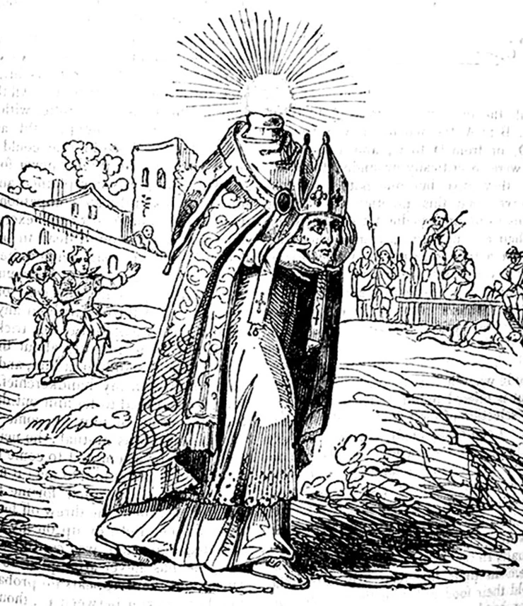 an artistic rendering of Saint Denis carrying his head on his 6 kilometer walk