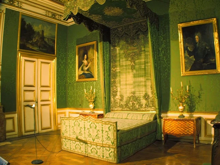 the green Queen's Bedroom in Nymphenburg Palace, birth place of Mad King Ludwig