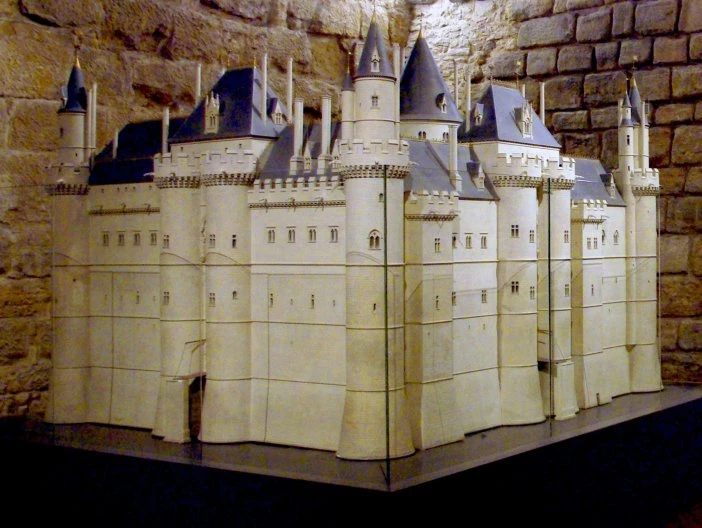 model of 12th century medieval Louvre -- it's so different looking now that the model looks more like the Congiergerie
