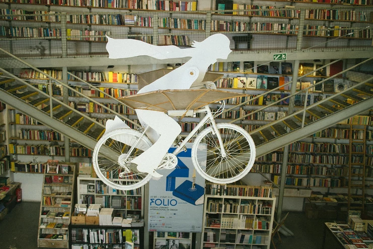 flying bicycle in Der Devagar Bookstore in Lisbon