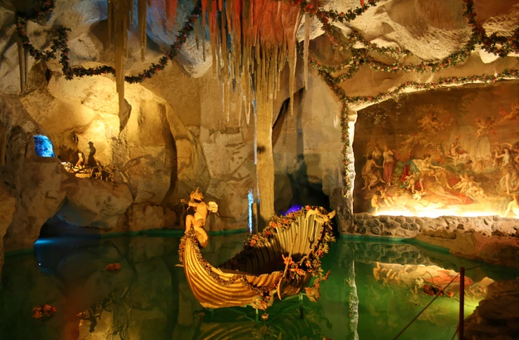 the Venus Grotto at Linderhof with artificial stalactites and a clamshell boat in a faux lake