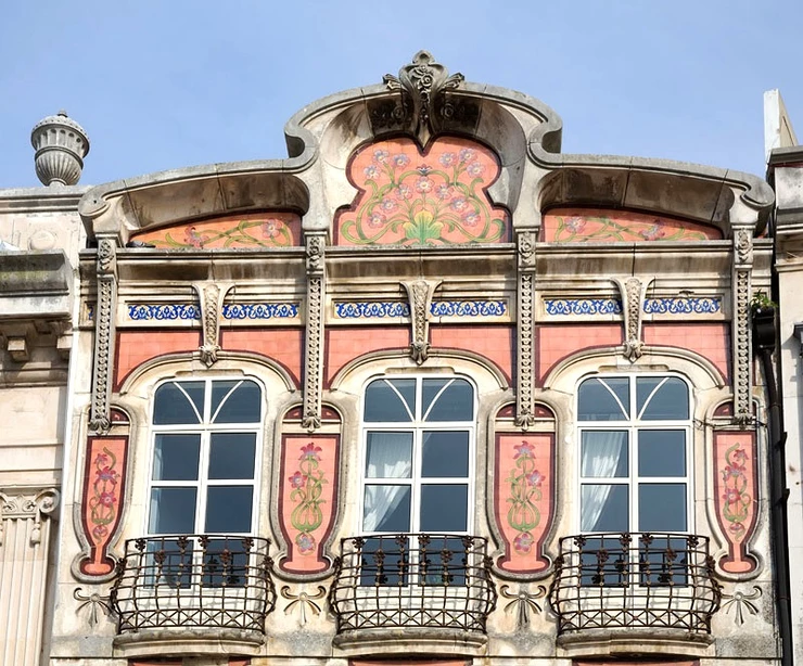 pretty pink Art Nouveau facade in Aveiro Portugal