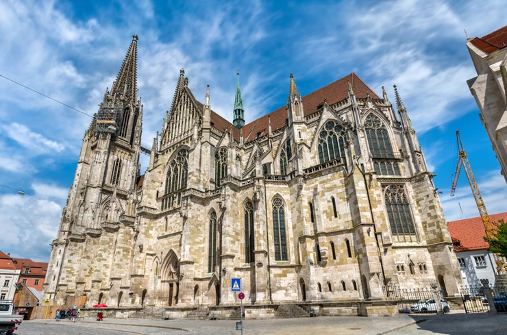 view of the towering 13th century Gothic cathedral in Regensburg