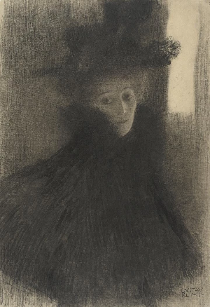 Gustav Klimt, Portrait of a woman with cape and hat in a three-quarter profile, 1897−98