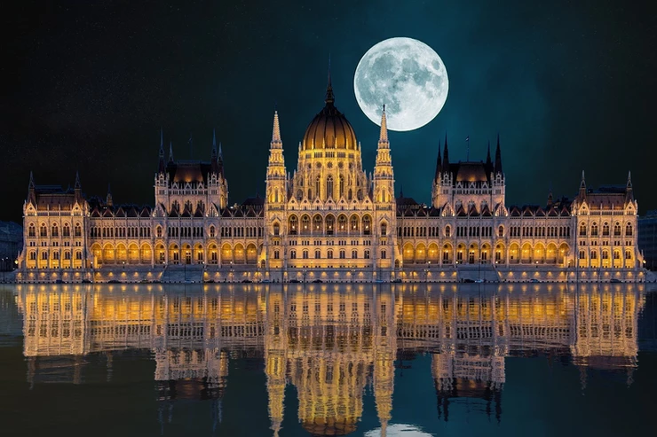 Budapest Parliament at night on the Danube