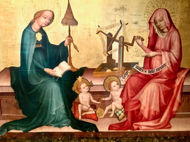 baby Christ and baby John struggle over a small pan, very odd topic for a medieval painting