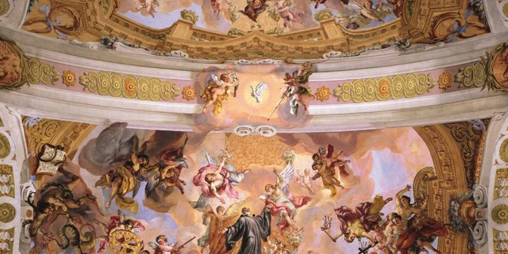 pink and gold ceiling frescos in Melk Abbey's church, the Stiftskirche