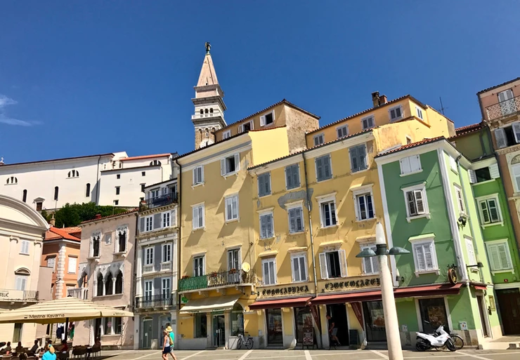 Tartini Square in Piran with the bell tower peeking through above