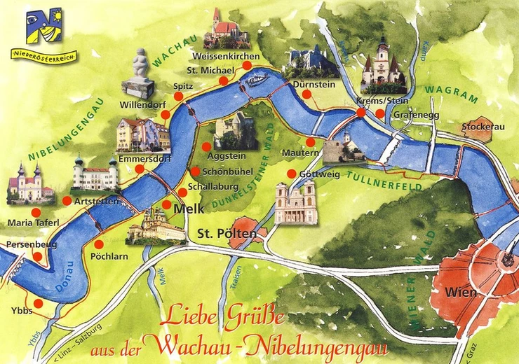 map of the Wachau Valley from Krems to Melk