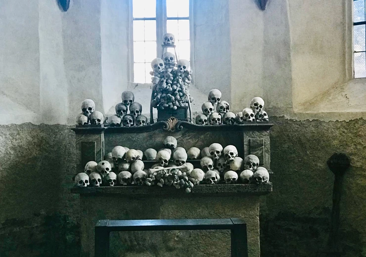 you can peek through a tiny window to see actual skulls at St. Michaels Kirche in the Wachau Valley