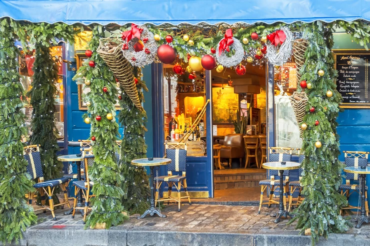 Paris cafe decorated for Christmas
