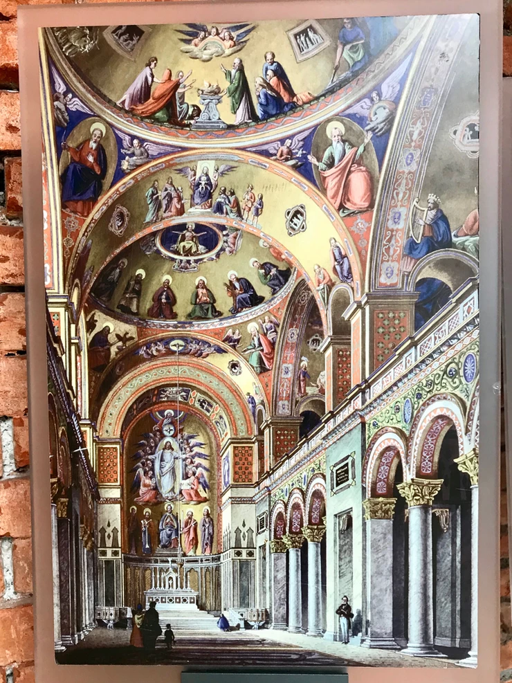 a depiction of how the chapel originally appeared with colored frescos on a gold background 