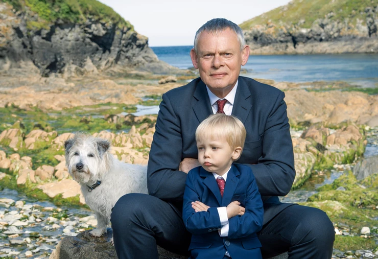 Doc Martin, his son James, and the dog he grudgingly lives with for Louisa's sake