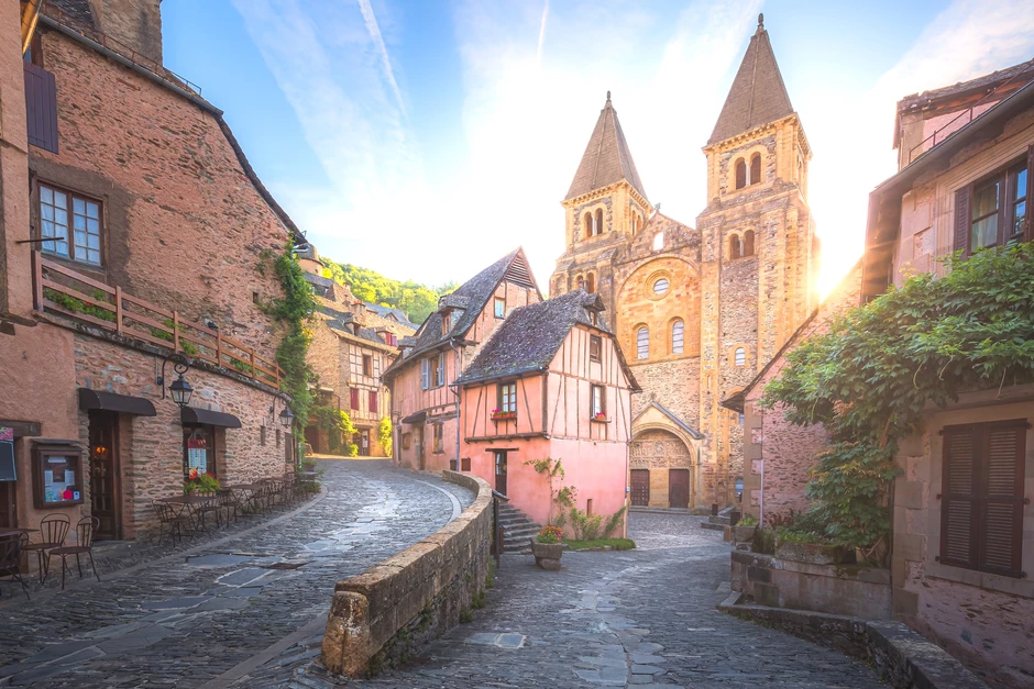 quaint and charming medieval old town centre of the medieval French village Conques