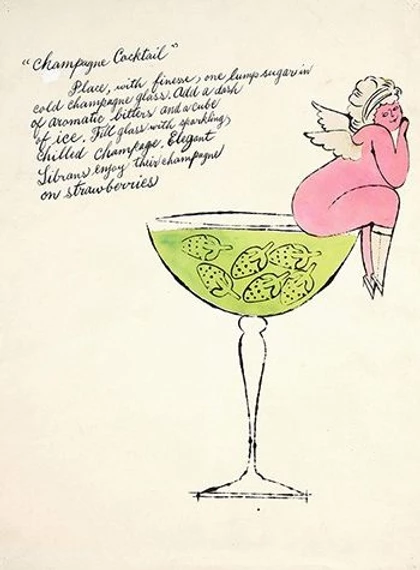 Andy Warhol, Champagne Cocktail, with his mother's calligraphy