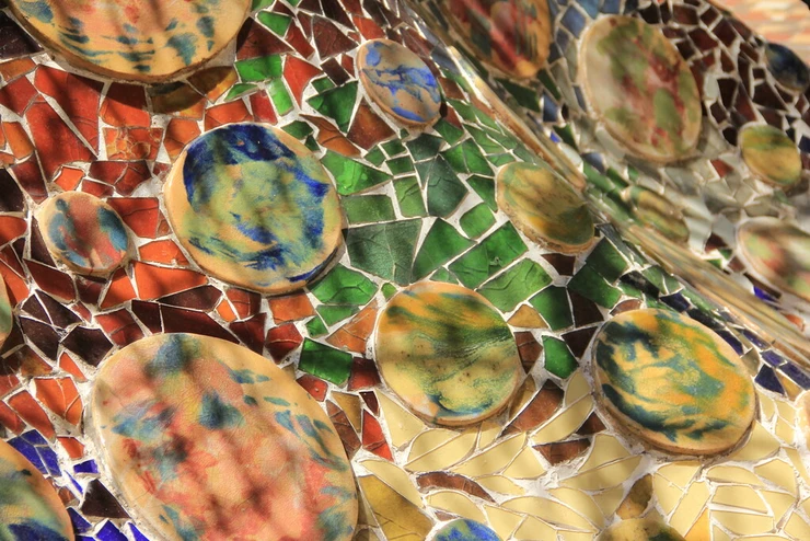 a close up of Gaudi's Trencadís technique on Casa Batlló