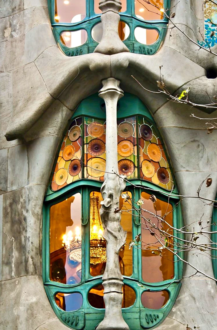 a skinny shin bone on a window of Casa Batlló