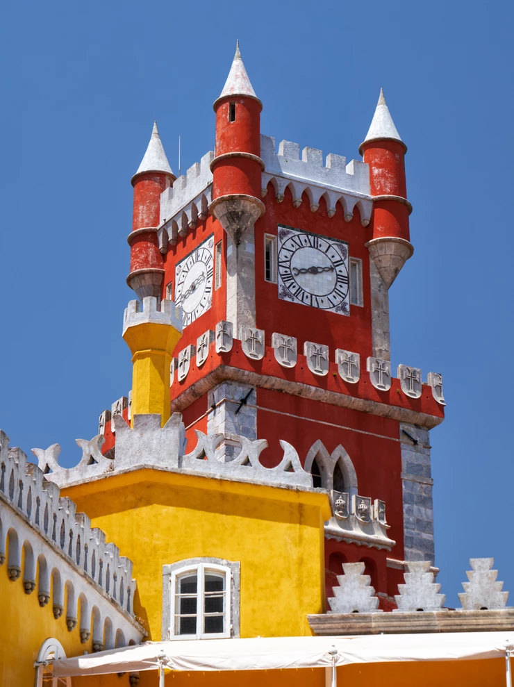 the view of the Clock tower with the turrets and battlements at  Pena Palace