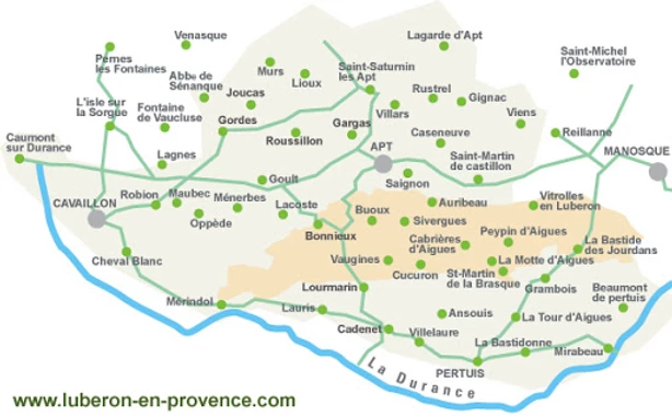 map of the towns in the Luberon Valley of Provence. Image source: luberon-en-provence