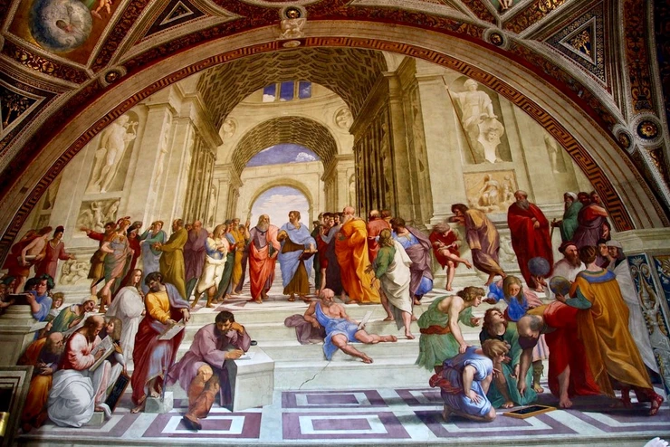 Raphael's beautiful Schoo of Athens in the Raphael Rooms of the Vatican Museums