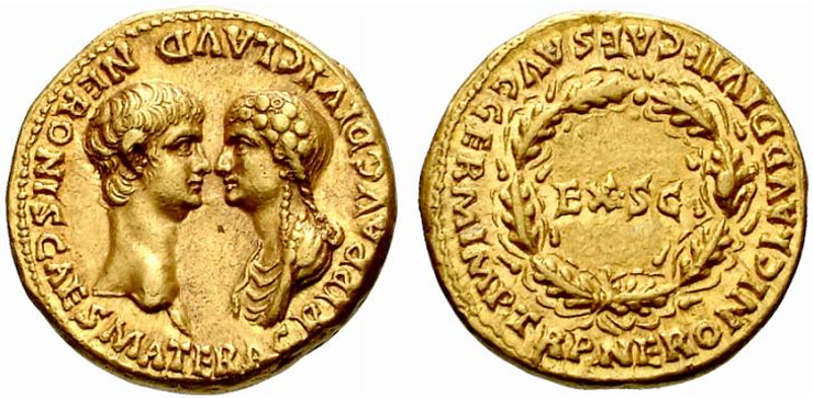 coin from Nero's rule showing both him and his mother Agrippina