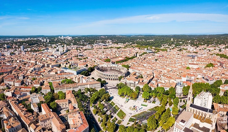 aerial view of Nimes and its fabulous Roman arena