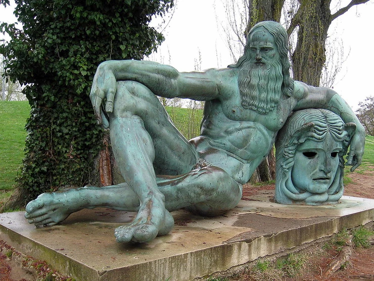 bronze statue of Leonardo da Vinci as Perseus near  the Château d'Amboise