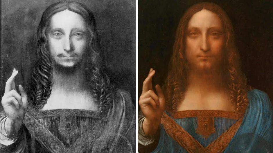 dramatic before and after restoration shots of Salvator Mundi. image source: the Guardian