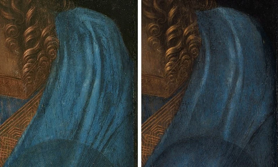 On the left, a photo from 2011 of Salvator Mundi. On the right, a photo from 2017. 