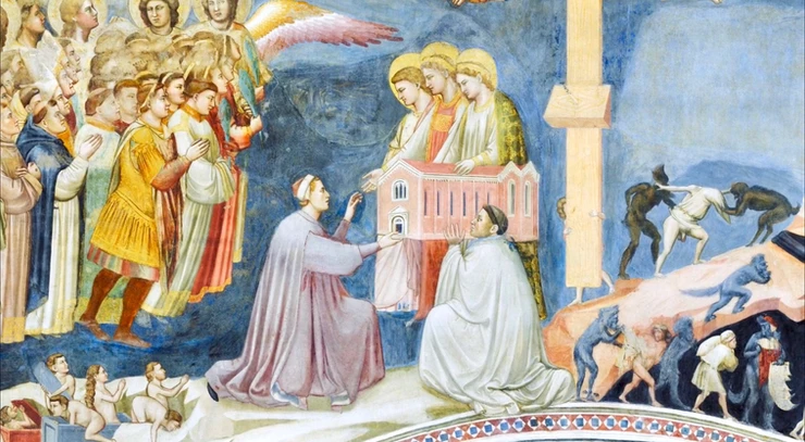 devotional portrait of Enrico Scrovegni handing the chapel to three Marys