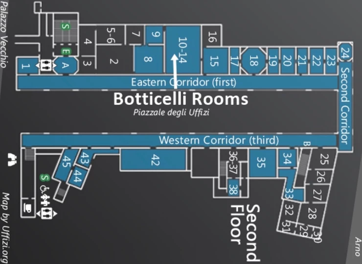 map of the Uffizi Gallery, a must see site in Florence Italy