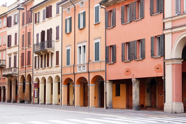 beautiful pastel houses in historic Bologna