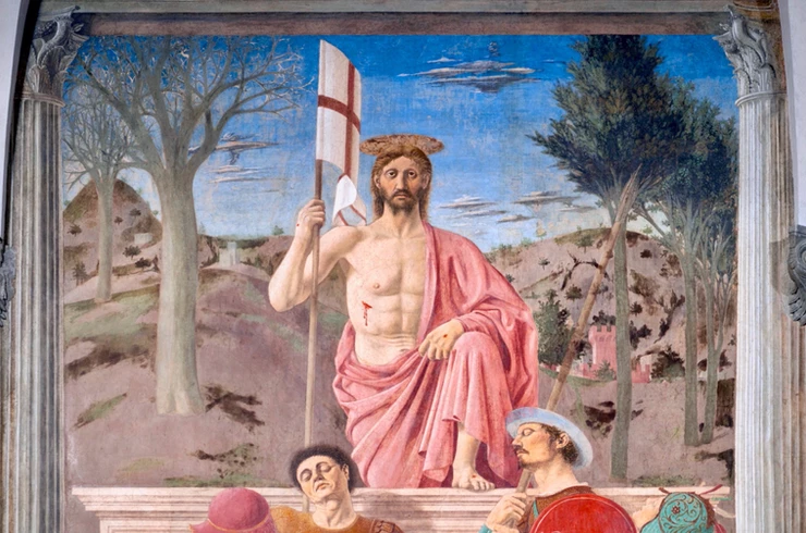 Piero della Francesca, The Resurrection, 1492 -- with a self portrait on the lower left center