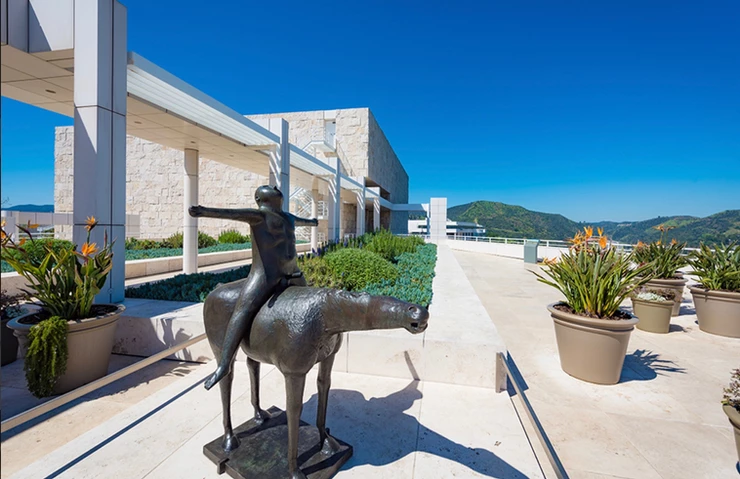 Mario Marini equestrian sculpture in a courtyard of the Getty Museum