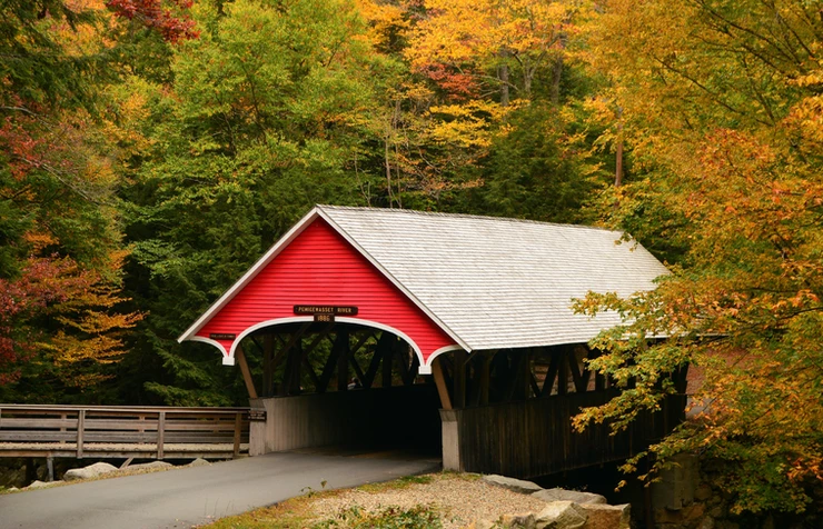 covered bridge in Franconia Notch State Park, over the Pemigewasset River