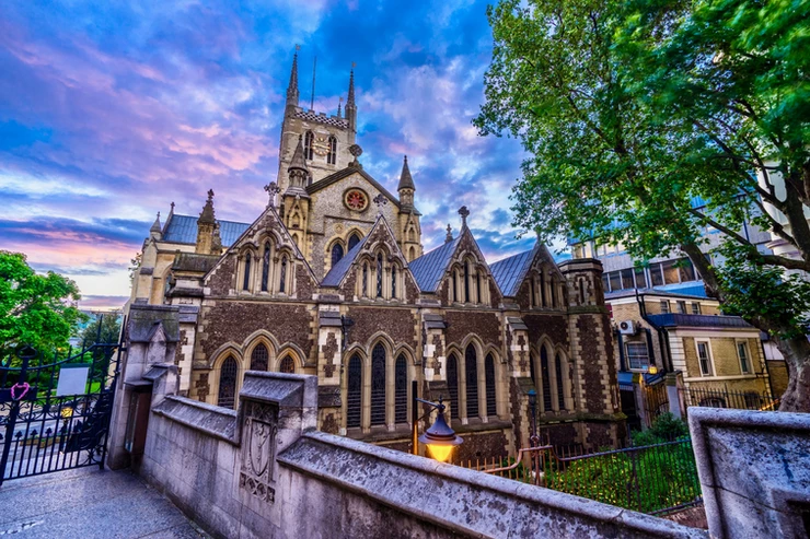 Southwark Cathedral at sunset, on the South Thames bank of London