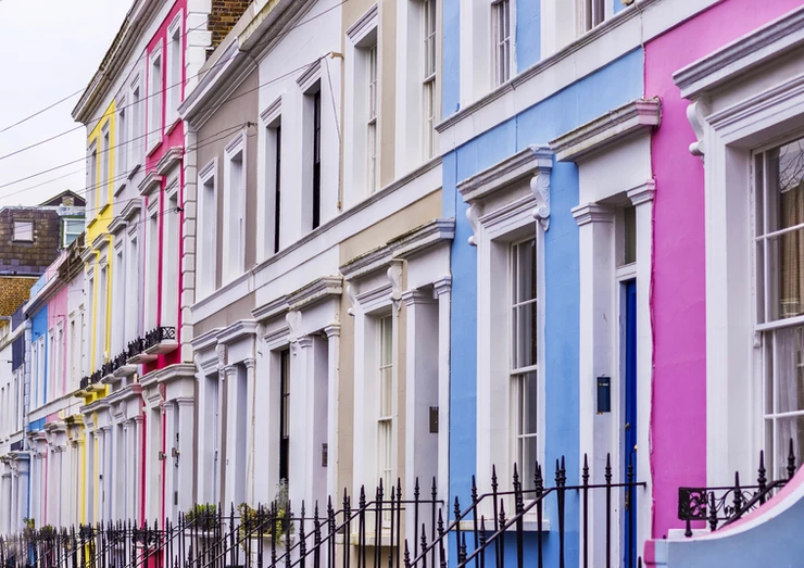 pastel row houses in the Notting Hill neighborhood of west London
