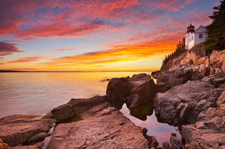 Bass Harbor Head Lighthouse in Acadia National Park at sunset