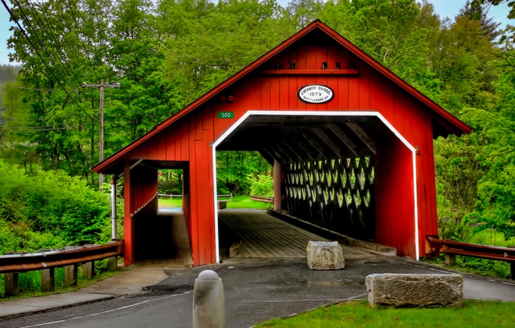 the bright red Creamery Bridge in Brattleboro Vermont 