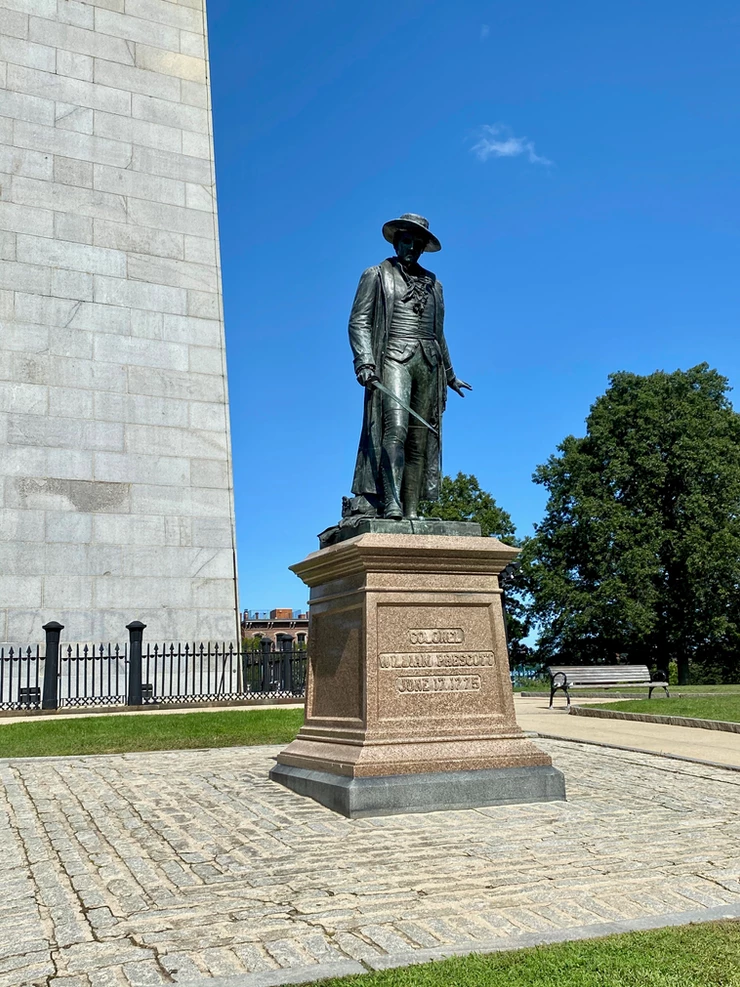 statue of William Prescott in front of the Bunker Hill Monument on Boston's Freedom Trail
