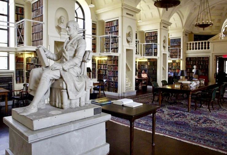 fifth floor reading room, with Robert Ball Hugh's sculpture of Nathaniel Bowditch 